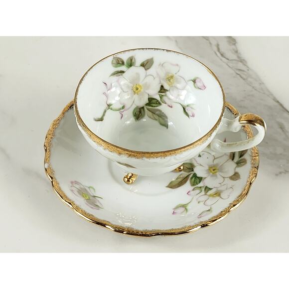 Cherry China Teacup Footed Saucer Floral Gardenias Gold Trim 30's Japan Vintage - Picture 3 of 14